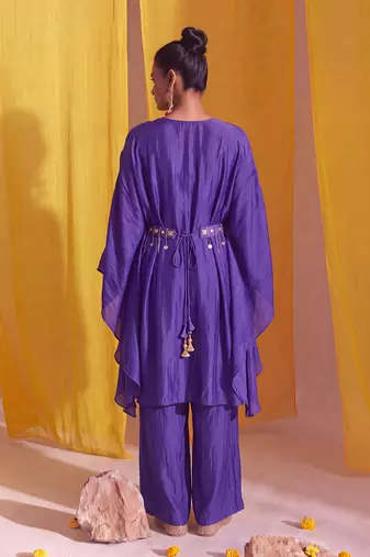 Royal purple georgette satin kaftan co ord set with embellished belt
