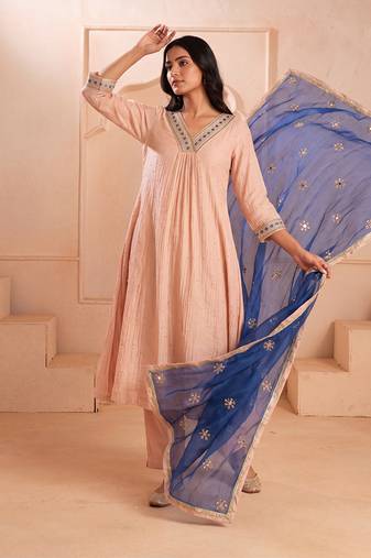 Blush pink mul chanderi embroidered kurta set