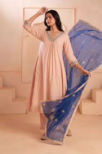Blush pink mul chanderi embroidered kurta set