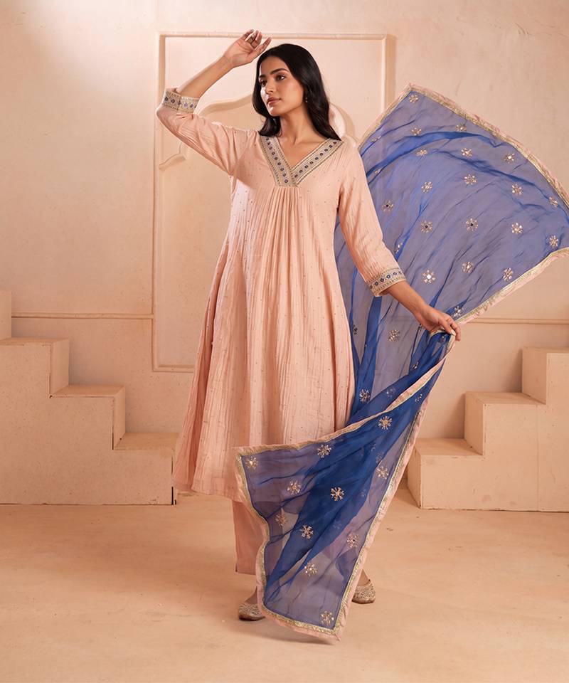Blush pink mul chanderi embroidered kurta set