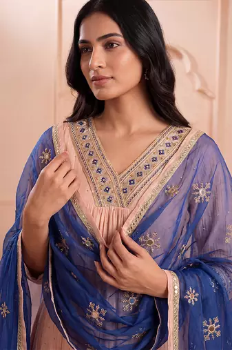 Blush pink mul chanderi embroidered kurta set