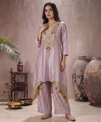 Lilac shimmer tissue embroidered kurta set 1