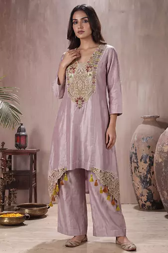 Lilac shimmer tissue embroidered kurta set