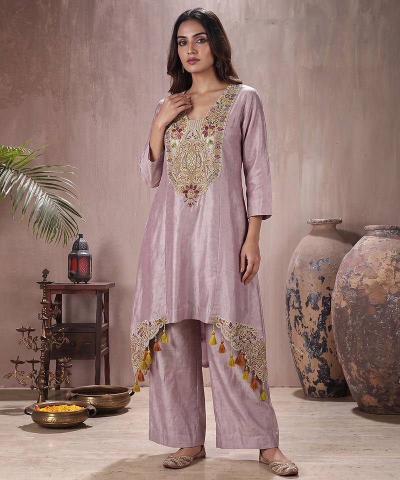 Lilac shimmer tissue embroidered kurta set