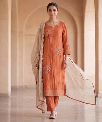 Rust orange floral hand embroidered kurta set 1