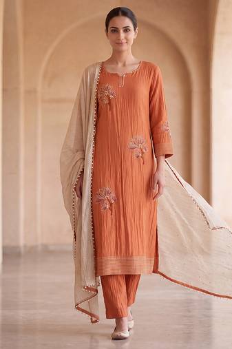 Rust orange floral hand embroidered kurta set