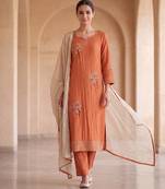 Rust orange floral hand embroidered kurta set