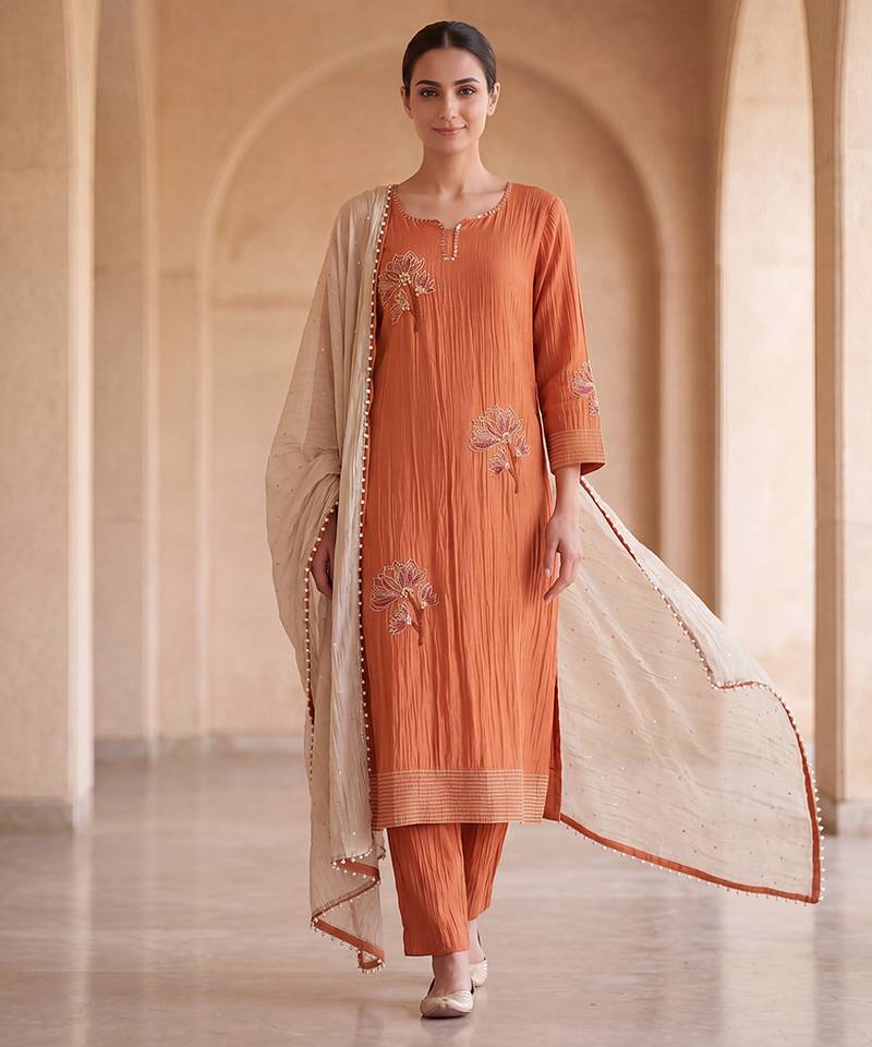 Rust orange floral hand embroidered kurta set
