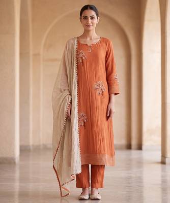 Rust orange floral hand embroidered kurta set 2
