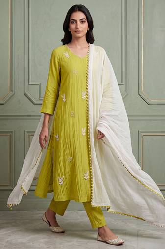 Lime green floral thread embroidered kurta set