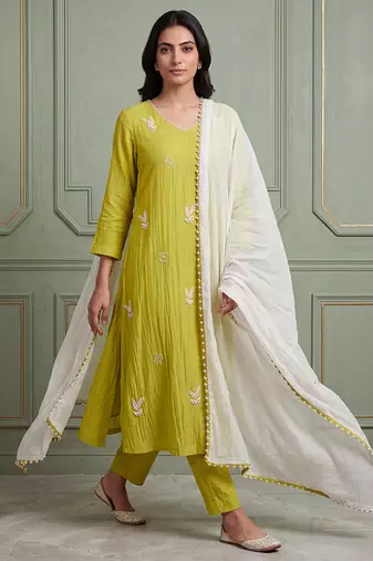 Lime green floral thread embroidered kurta set