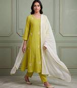 Lime green floral thread embroidered kurta set