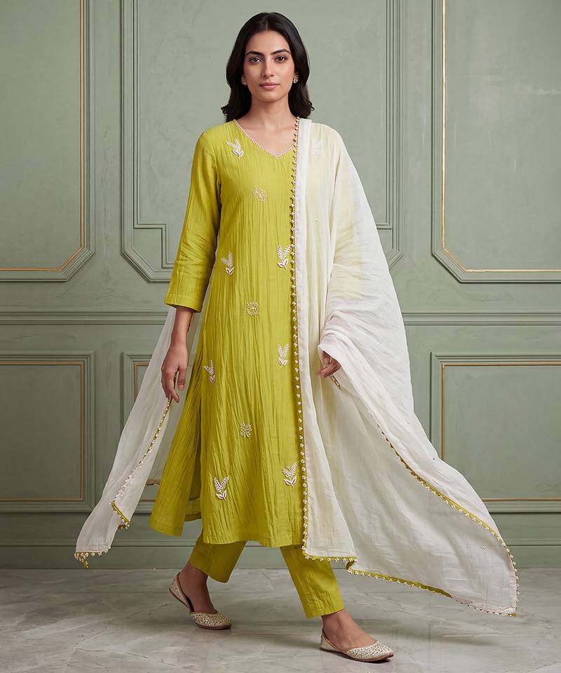Lime green floral thread embroidered kurta set