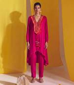 Fuchsia pink satin embroidered high low kurta set
