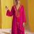 Fuchsia pink satin embroidered high low kurta set