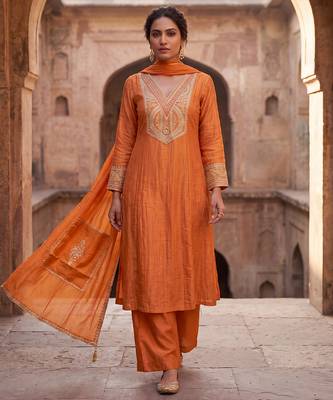 Rust orange mul chanderi embroidered kurta suit set 1