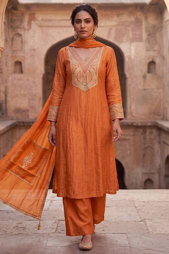 Rust orange mul chanderi embroidered kurta suit set