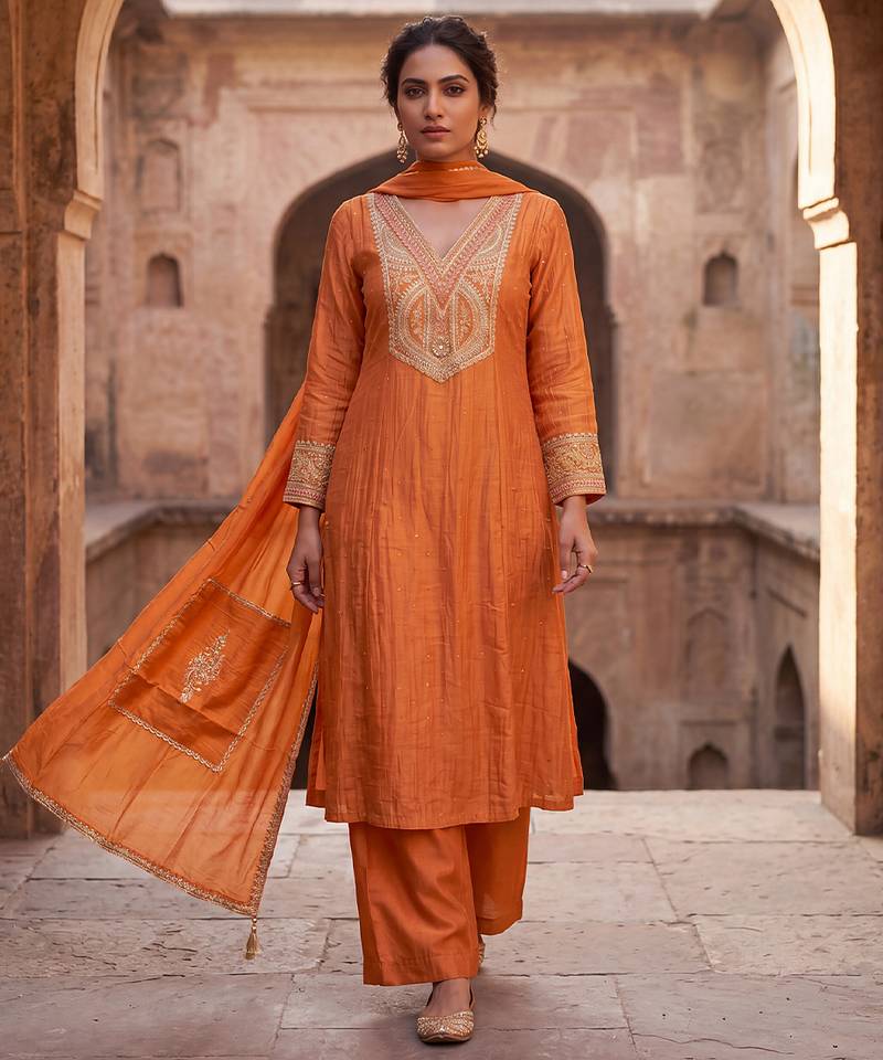 Rust orange mul chanderi embroidered kurta suit set