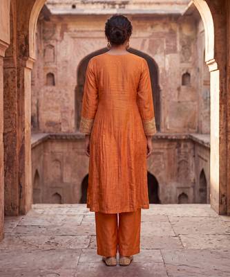 Rust orange mul chanderi embroidered kurta suit set 2