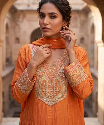 Rust orange mul chanderi embroidered kurta suit set 3