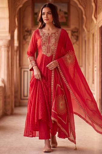 Crimson red mul chanderi embroidered anarkali suit