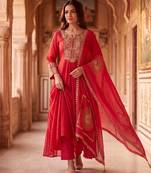 Crimson red mul chanderi embroidered anarkali suit