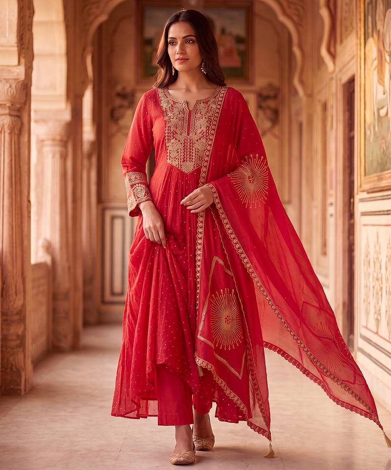 Crimson red mul chanderi embroidered anarkali suit