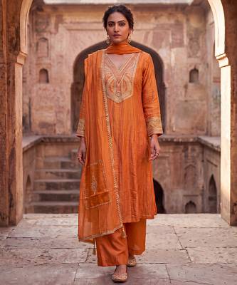 Rust orange mul chanderi embroidered kurta suit set 4