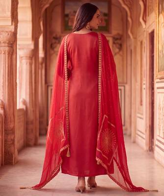 Crimson red mul chanderi embroidered anarkali suit 2