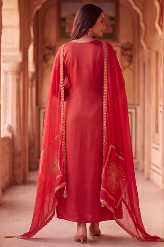 Crimson red mul chanderi embroidered anarkali suit
