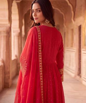 Crimson red mul chanderi embroidered anarkali suit 3