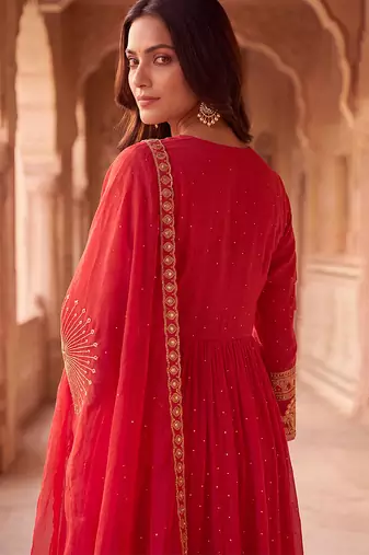 Crimson red mul chanderi embroidered anarkali suit