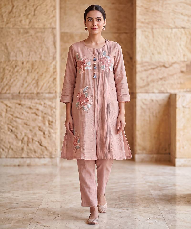 Blush pink floral embroidered kurta co ord set