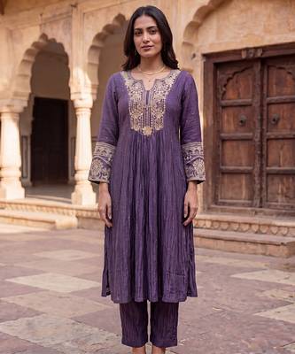 Royal purple mul chanderi embroidered kurta suit set 1
