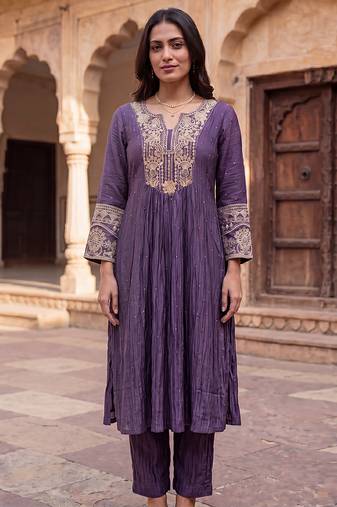 Royal purple mul chanderi embroidered kurta suit set