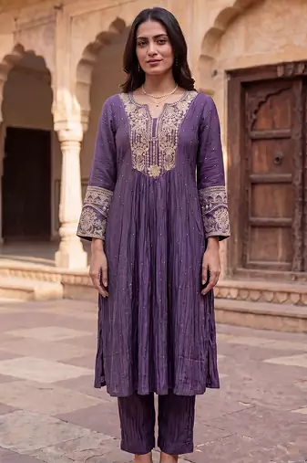 Royal purple mul chanderi embroidered kurta suit set