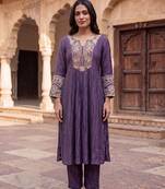 Royal purple mul chanderi embroidered kurta suit set