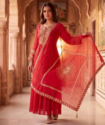 Crimson red mul chanderi embroidered anarkali suit 4