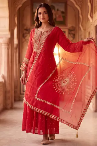 Crimson red mul chanderi embroidered anarkali suit