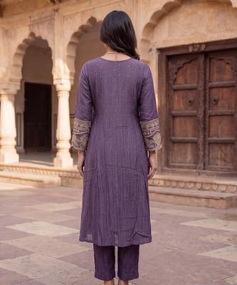 Royal purple mul chanderi embroidered kurta suit set 2