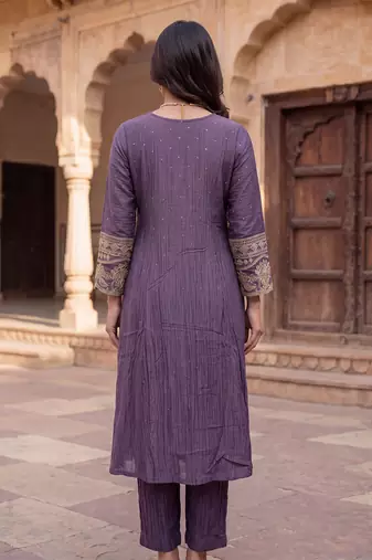 Royal purple mul chanderi embroidered kurta suit set