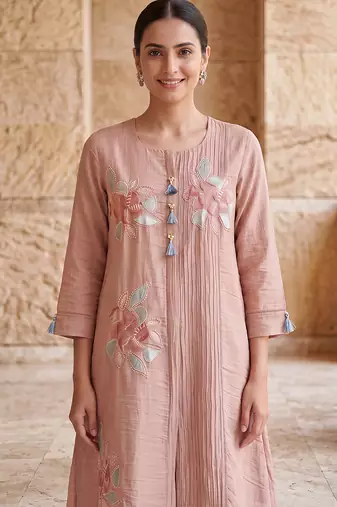Blush pink floral embroidered kurta co ord set