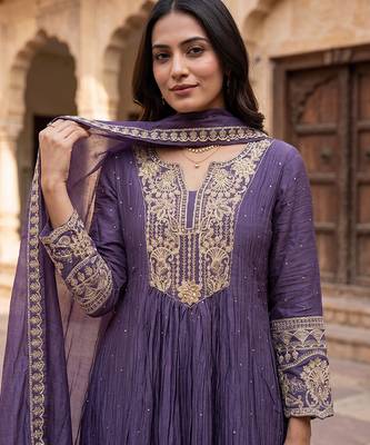 Royal purple mul chanderi embroidered kurta suit set 3