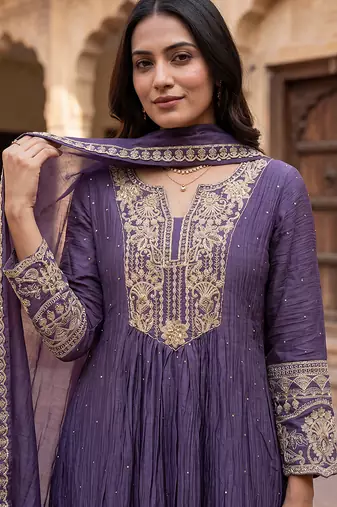 Royal purple mul chanderi embroidered kurta suit set