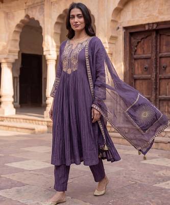 Royal purple mul chanderi embroidered kurta suit set 4