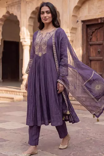 Royal purple mul chanderi embroidered kurta suit set