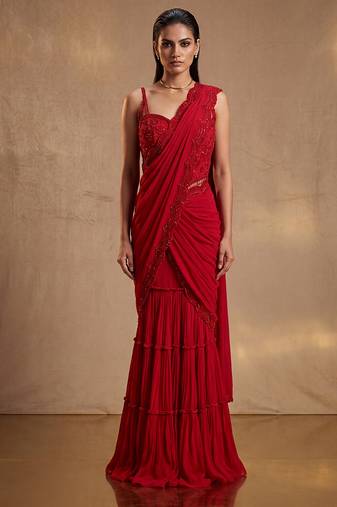 Red hand embroidered sequin beaded gharara set