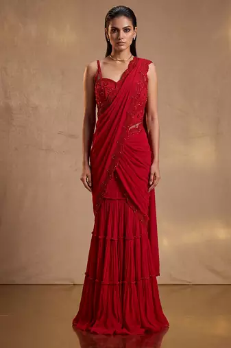 Red hand embroidered sequin beaded gharara set