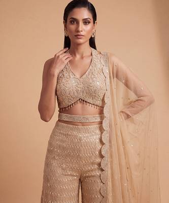 Champagne gold hand embroidered sequins cutdana palazzo set 3