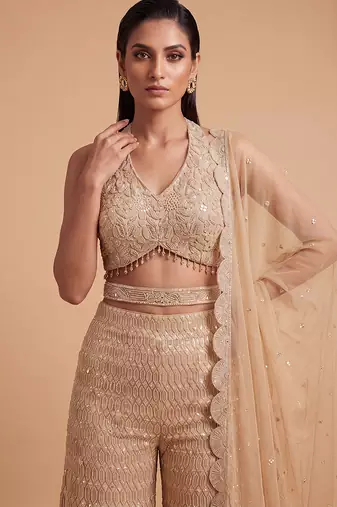 Champagne gold hand embroidered sequins cutdana palazzo set